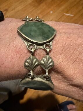 vintage Silver Tone Green Stone Link Bracelet 7.5”